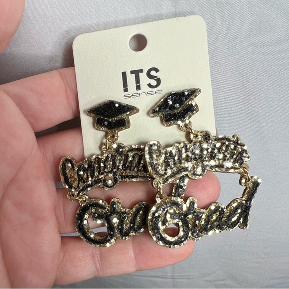 ITS Sense Black and Gold Graduation Cap Congrats Grad Dangle Earrings NWT - Picture 1 of 6